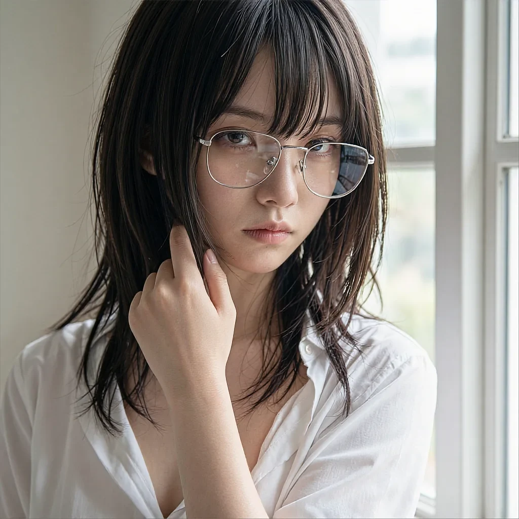 Dark-haired woman with silver wire-frame glasses and white button-down shirt by a window