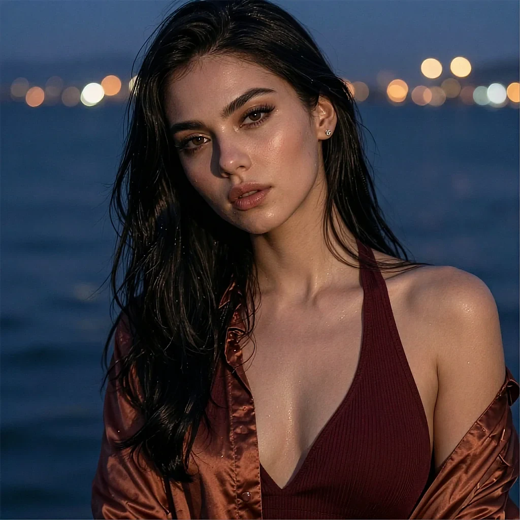 Dark-haired woman in a burgundy halter top and copper satin jacket at the seaside at dusk with bokeh city lights