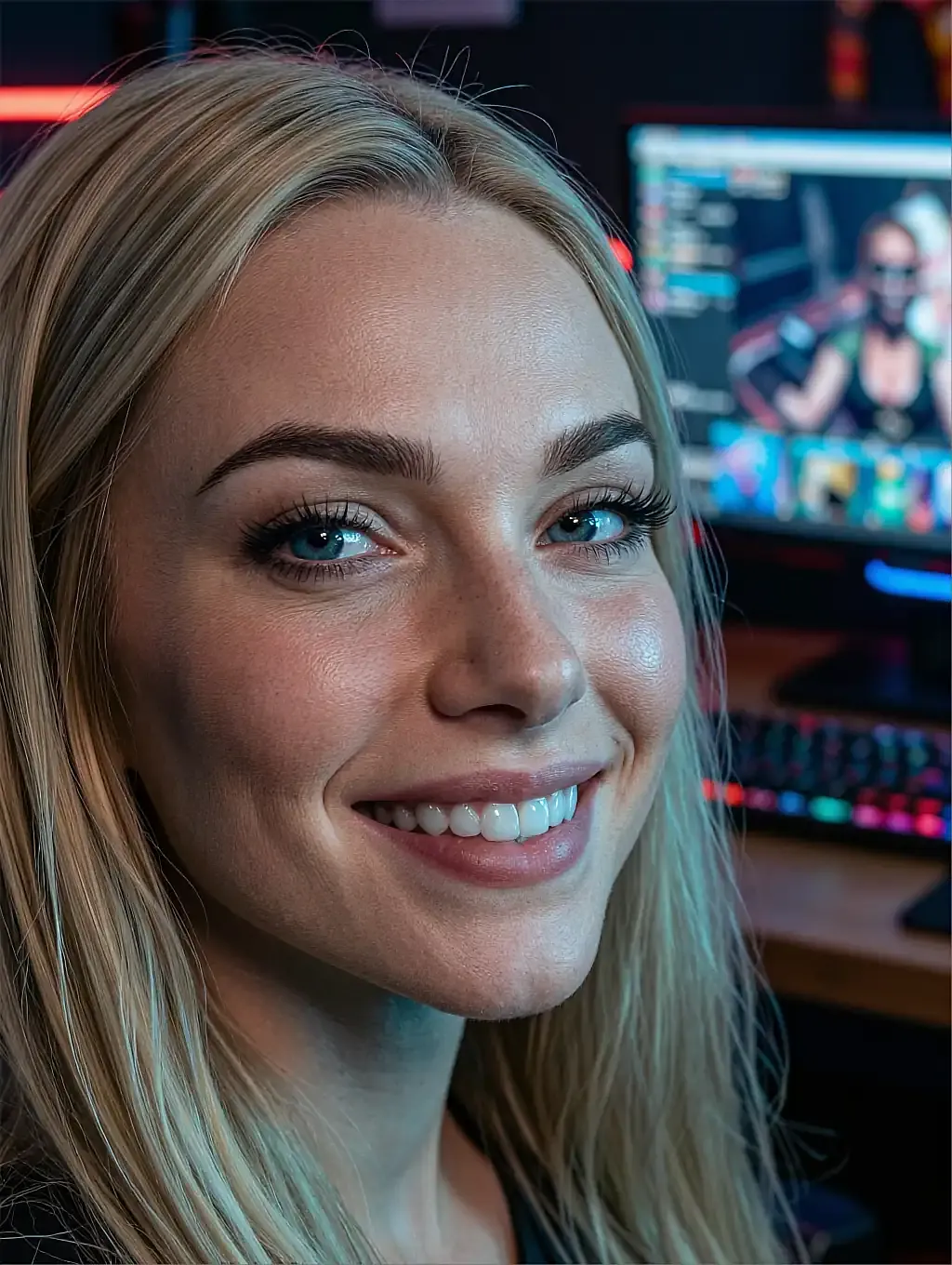 Close-up of a smiling blonde woman with blue eyes in front of a gaming monitor showing a colorful game screen