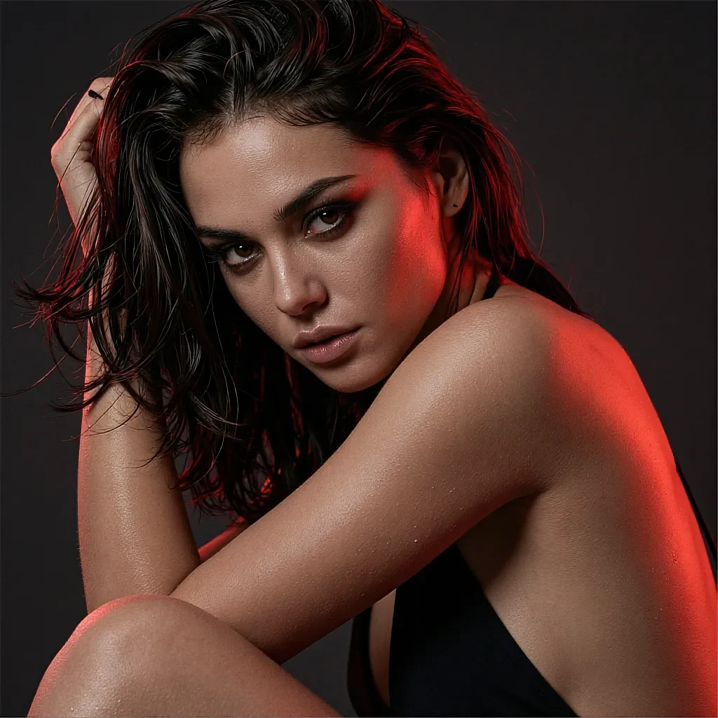 Dark-haired woman with wet-look hair and red side lighting in a black top, hand in hair, dark studio