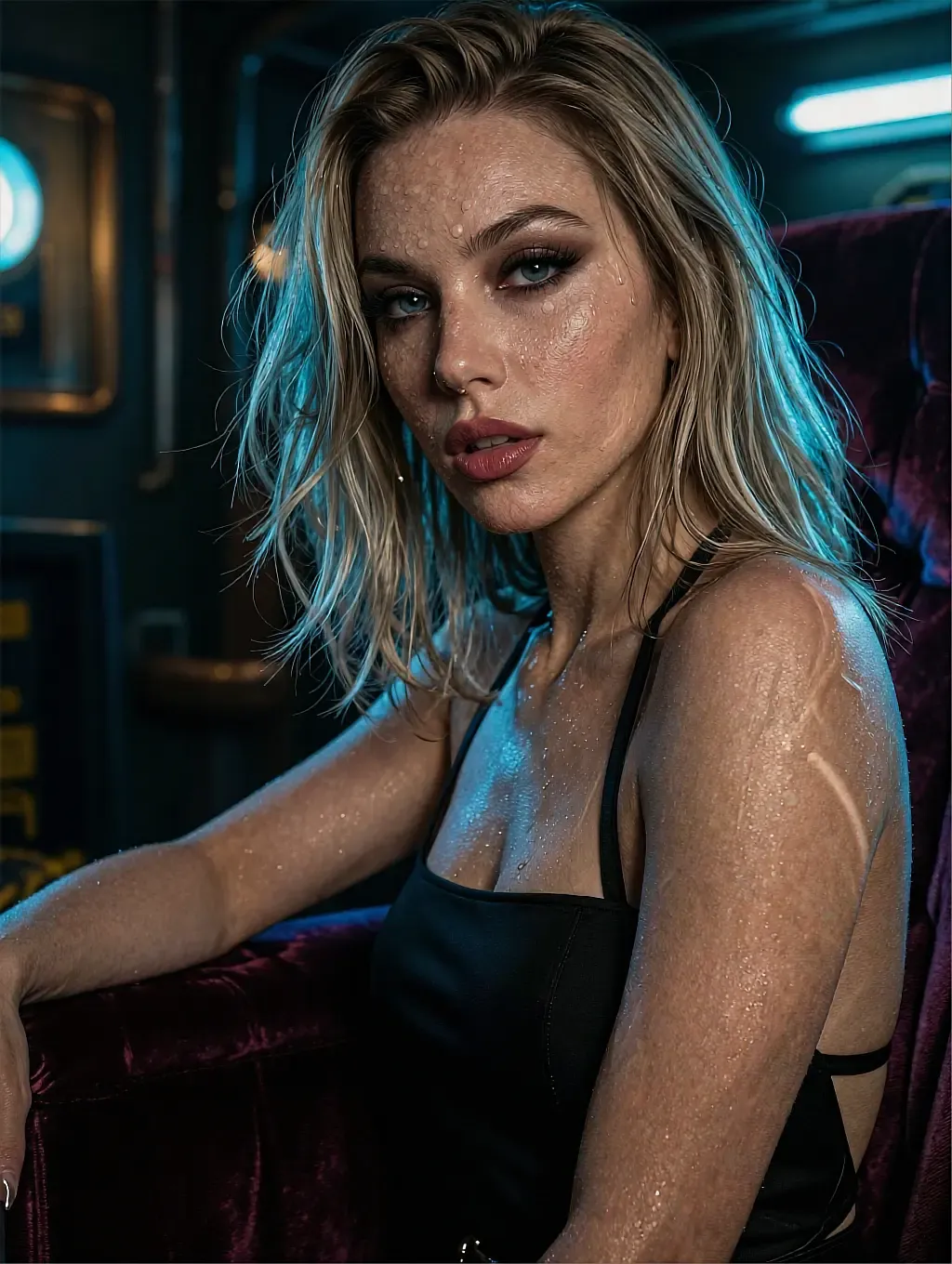 Blonde woman with a wet-look bob in a black halter top on a burgundy velvet seat under teal and cyan lighting